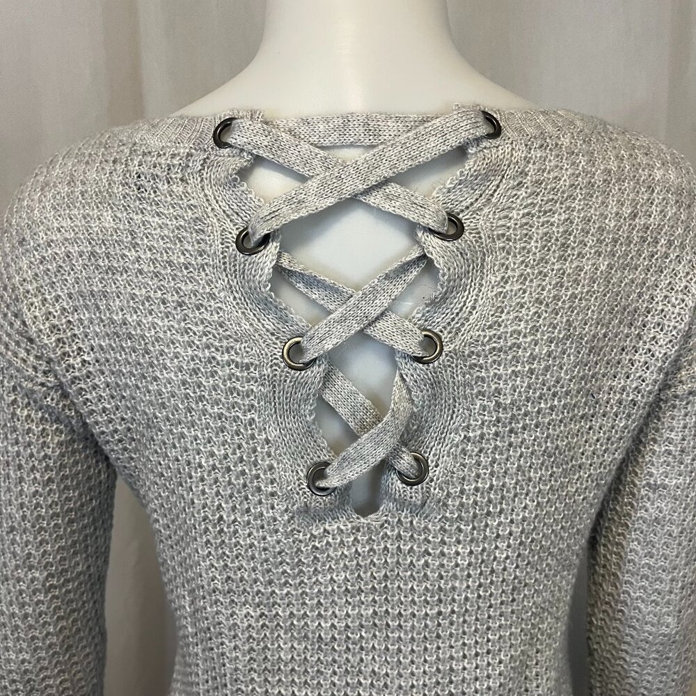 American Eagle Sweater Large Grey Long Sleeve Lace Up Back Knit Size Small Women